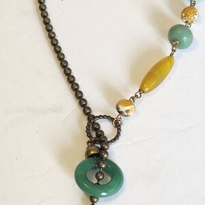 JanMichaels Sanfrancisco Green and Yellow Beaded Necklace with Metallic Chain